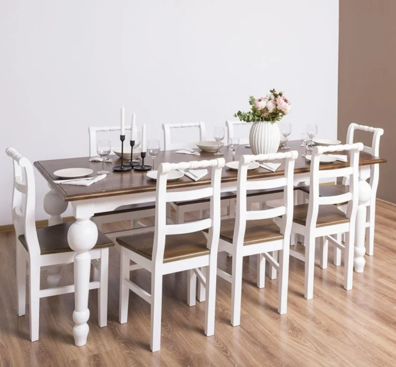 Casa Padrino Landhausstil Esszimmer Möbel Set Braun / Weiß - 1 Esstisch & 8 Esszimmerstühle - Massivholz Esszimmer Möbel - Landhausstil Möbel