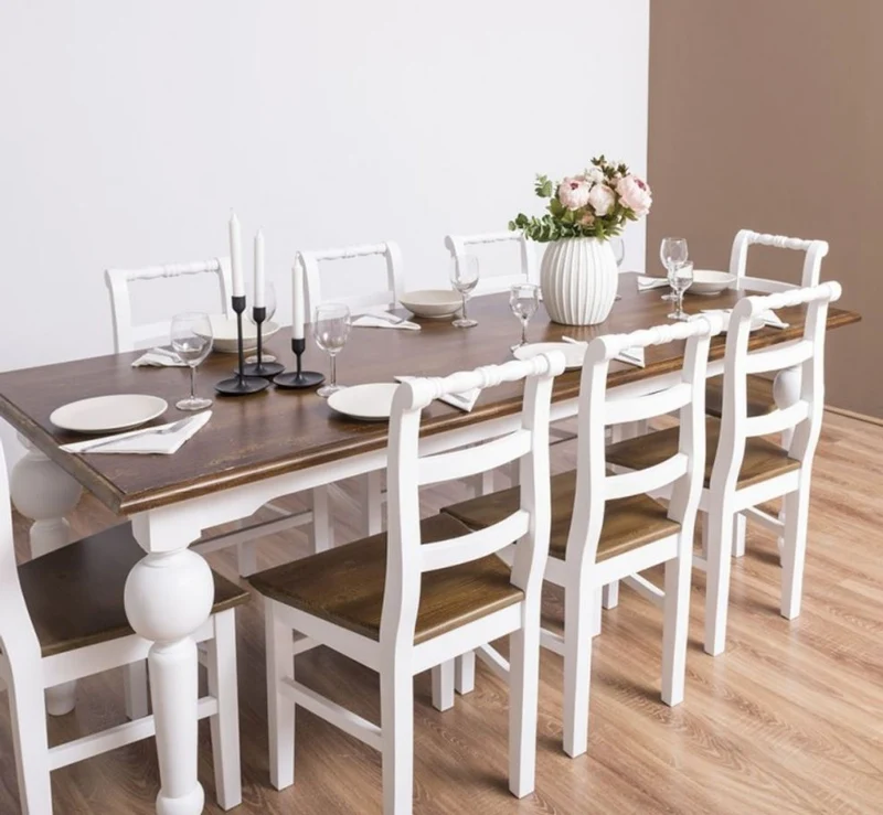 Casa Padrino Landhausstil Esszimmer Möbel Set Braun / Weiß - 1 Esstisch & 8 Esszimmerstühle - Massivholz Esszimmer Möbel - Landhausstil Möbel
