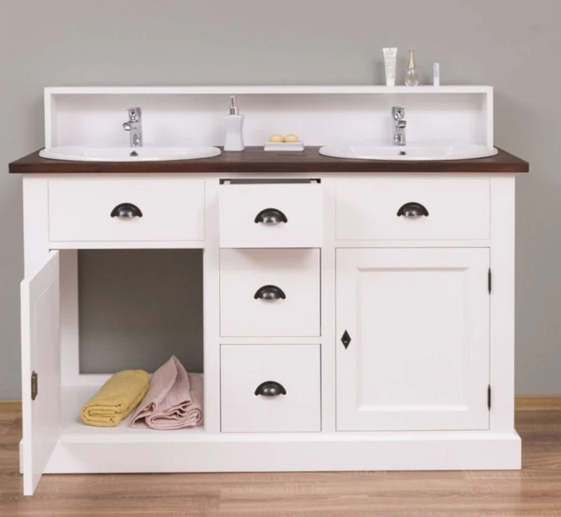 Casa Padrino Landhausstil Doppelwaschtisch Weiß / Dunkelbraun 147 x 51 x H. 110 cm - Massivholz Waschbeckenschrank - Badezimmer Möbel im Landhausstil