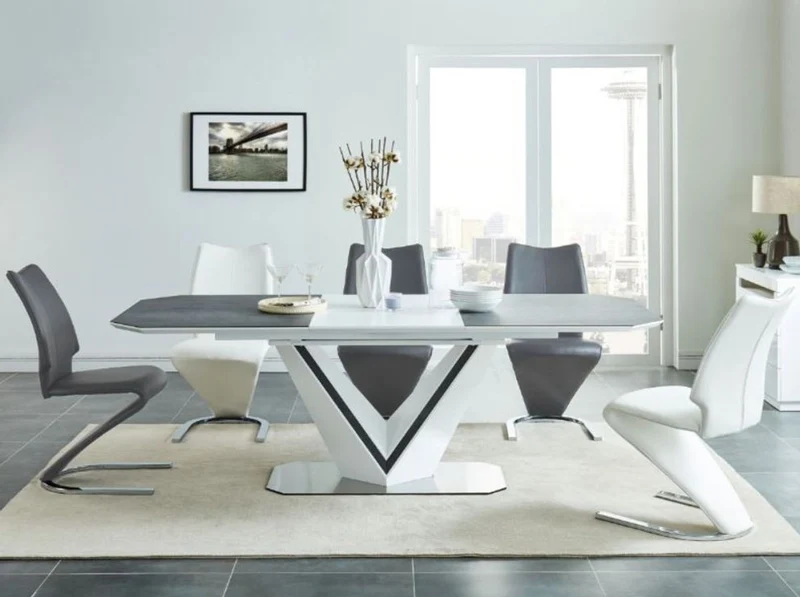 Casa Padrino Designer Esstisch Weiß / Grau / Silber 160-220 x 90 x H. 76 cm - Ausziehbarer Esszimmertisch mit Keramikplatten - Esszimmer Möbel