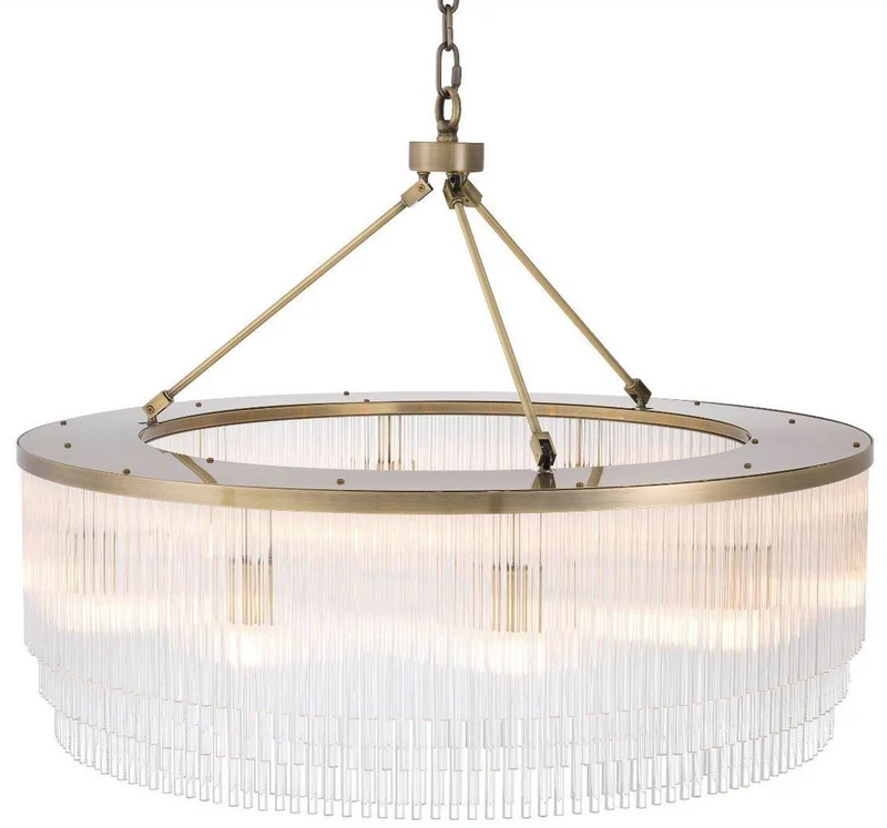 Casa Padrino Luxus Kronleuchter Messingfarben Ø 90 x H. 61 cm - Runder Metall Kronleuchter mit eleganten Glasstäben - Hotel & Restaurant Kronleuchter