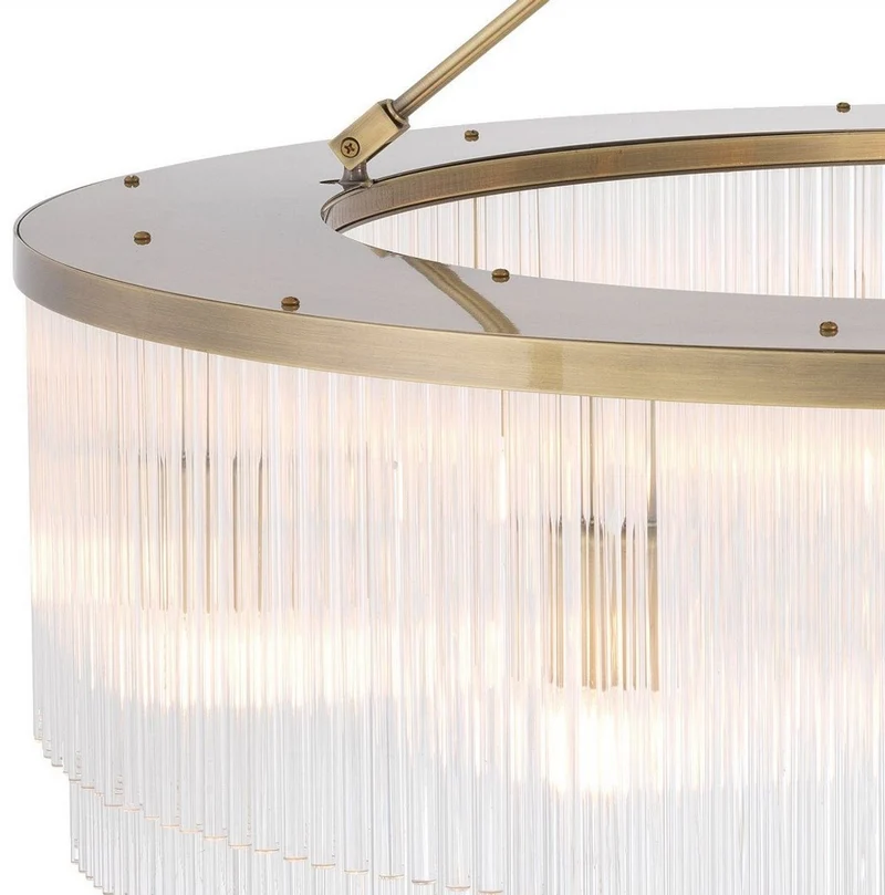 Casa Padrino Luxus Kronleuchter Messingfarben Ø 90 x H. 61 cm - Runder Metall Kronleuchter mit eleganten Glasstäben - Hotel & Restaurant Kronleuchter