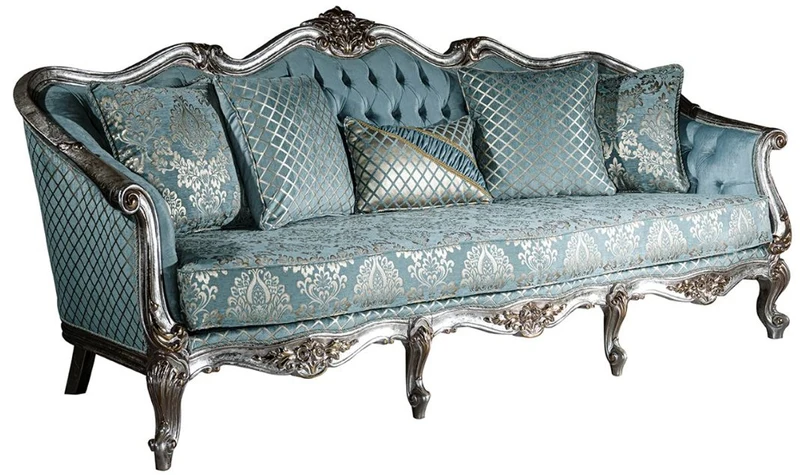 Casa Padrino Luxus Barock Wohnzimmer Set Hellblau / Silber - 2 Sofas & 2 Sessel & 1 Couchtisch - Prunkvolle Wohnzimmer Möbel im Barockstil