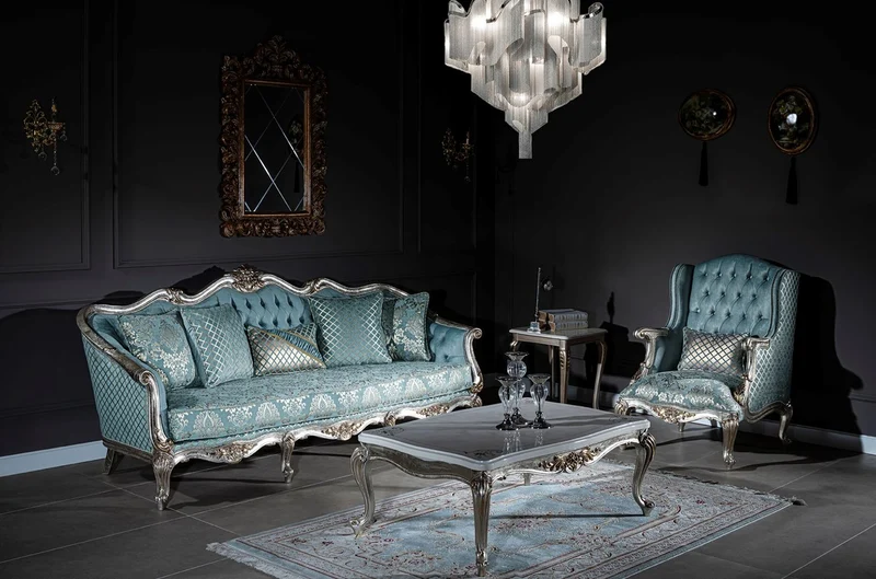 Casa Padrino Luxus Barock Ohrensessel Hellblau / Silber / Gold 77 x 80 x H. 113 cm - Wohnzimmer Sessel mit elegantem Muster und dekorativem Kissen - Barock Wohnzimmer Möbel