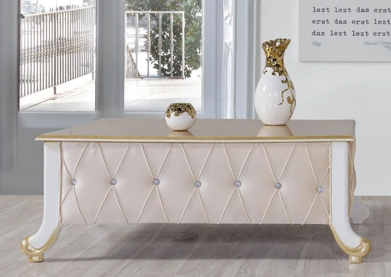 Casa Padrino Barock Couchtisch Beige / Weiß / Gold 100 x 64 x H. 43 cm - Edler Barockstil Wohnzimmertisch mit Glitzersteinen - Barock Möbel