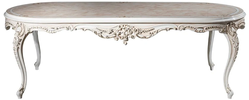 Casa Padrino Luxus Barock Esstisch Beige / Weiß / Gold 247 x 110 x H. 80 cm - Ovaler Massivholz Esszimmertisch - Barock Esszimmer Möbel - Edel & Prunkvoll