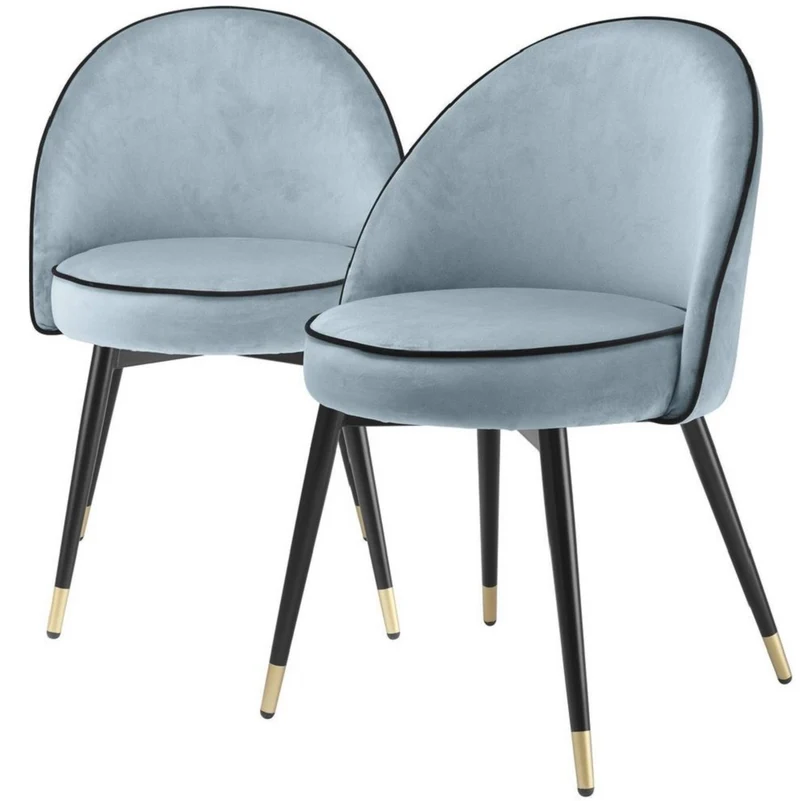 Casa Padrino Luxus Esszimmerstuhl Set Blau / Schwarz / Messing 55 x 64 x H. 83 cm - Esszimmerstühle mit edlem Samtstoff - Esszimmer Möbel