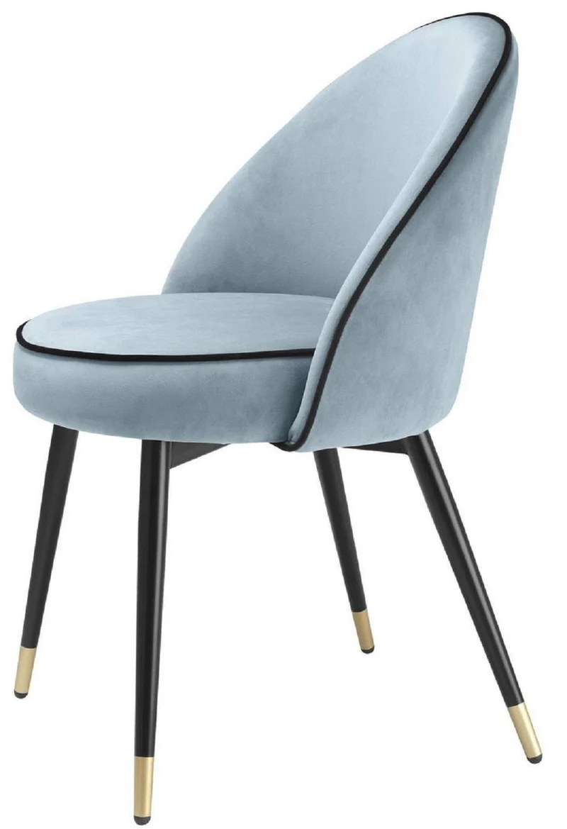 Casa Padrino Luxus Esszimmerstuhl Set Blau / Schwarz / Messing 55 x 64 x H. 83 cm - Esszimmerstühle mit edlem Samtstoff - Esszimmer Möbel
