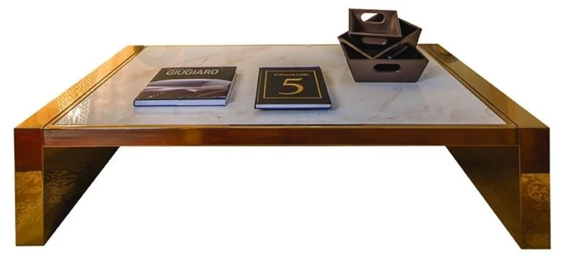 Casa Padrino Luxus Couchtisch Weiß / Gold / Taupe 160 x 90 x H. 36 cm - Moderner Wohnzimmertisch mit Calacatta Marmorplatte - Hotel Möbel - Luxus Qualität - Made in Italy