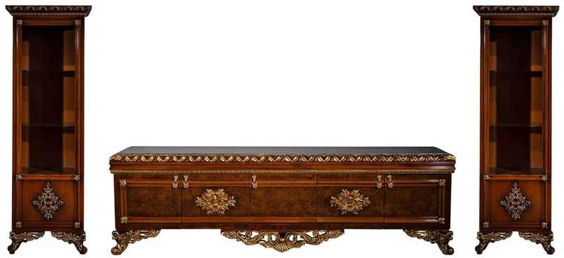 Casa Padrino Luxus Barock Möbel Set Braun / Gold - Edler Massivholz TV Schrank mit 2 Vitrinen - Barock Wohnzimmer Möbel