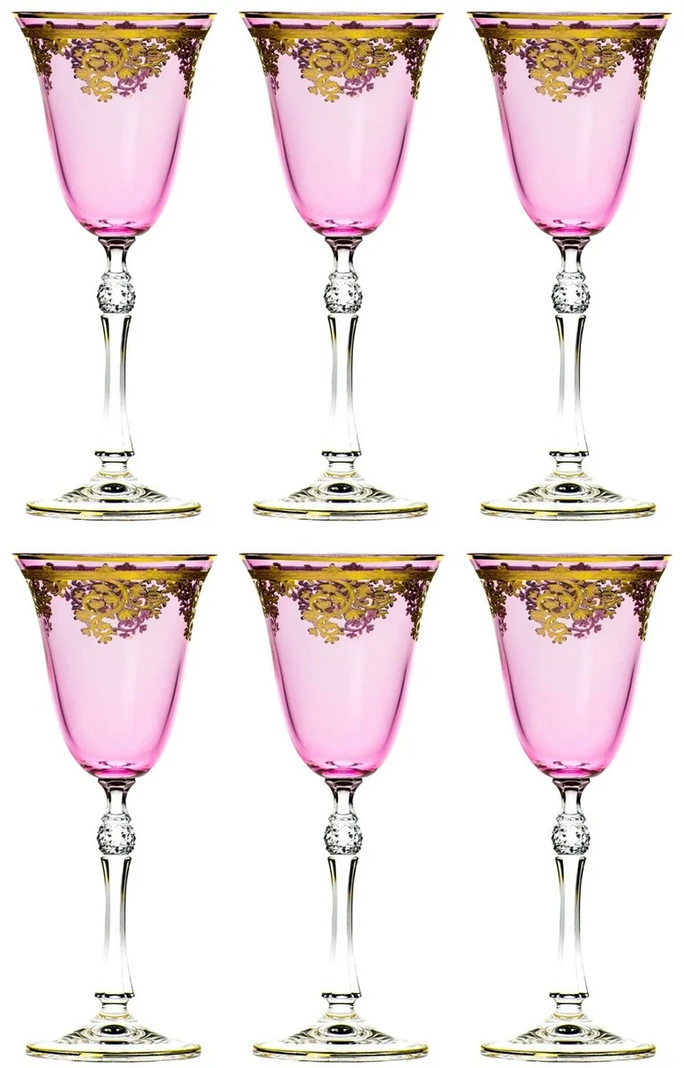 Casa Padrino Luxus Barock Weinglas 6er Set Rosa / Gold Ø 9 x H. 21,5 cm - Handgefertigte gravierte und handbemalte Weingläser - Hotel & Restaurant Accessoires - Luxus Qualität