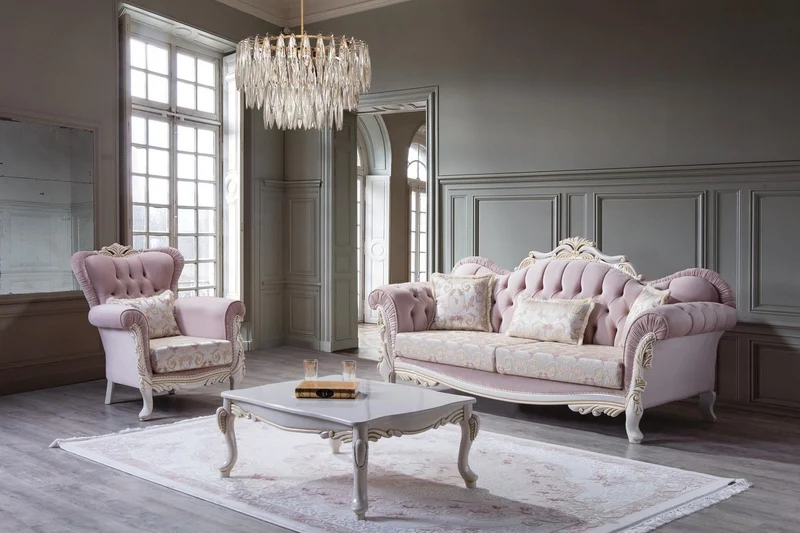 Casa Padrino Luxus Barock Sofa mit dekorativen Kissen Rosa / Silber / Weiß / Gold 243 x 90 x H. 110 cm - Barockstil Wohnzimmer Möbel