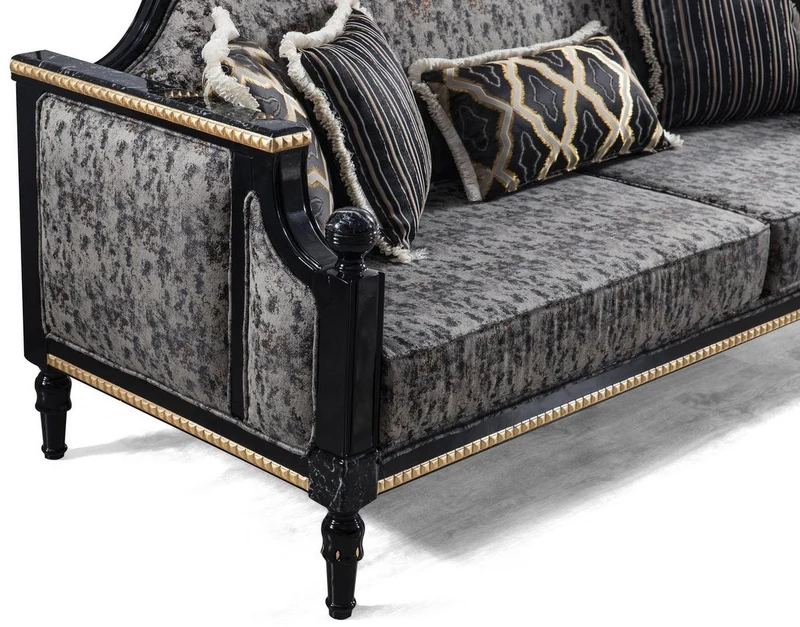 Casa Padrino Luxus Barock Sofa Grau / Schwarz / Gold 237 x 90 x H. 105 cm - Wohnzimmer Sofa mit dekorativen Kissen - Edle Barock Möbel