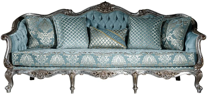 Casa Padrino Luxus Barock Sofa Hellblau / Silber / Gold 238 x 85 x H. 106 cm - Wohnzimmer Sofa mit elegantem Muster und dekorativen Kissen - Barock Wohnzimmer Möbel