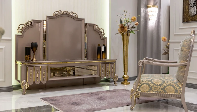 Casa Padrino Luxus Barock TV Schrank Schwarz / Grau / Gold 214 x 52 x H. 164 cm - Massivholz Schrank - Wohnzimmerschrank - Edel & Prunkvoll