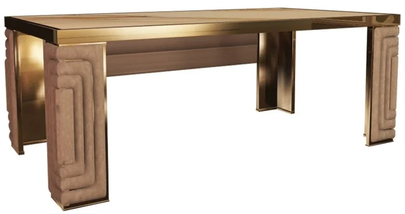 Casa Padrino Luxus Esstisch Gold / Taupe / Weiß 200 x 110 x H. 78 cm - Moderner Esszimmertisch mit Estremoz Marmorplatte - Hotel Möbel - Luxus Qualität - Made in Italy