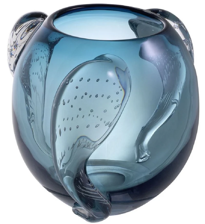 Casa Padrino Luxus Deko Glas Vase Blau Ø 32 x H. 28 cm - Elegante mundgeblasene Blumenvase - Luxus Deko Accessoires