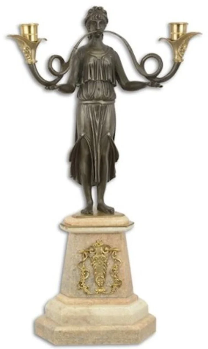 Casa Padrino Barock Kerzenhalter mit dekorativer Bronzefigur und Marmorsockel 29,5 x 19,5 x H. 53,2 cm - Eleganter 2 flammiger Kerzenständer - Wohnzimmer Deko Accessoires