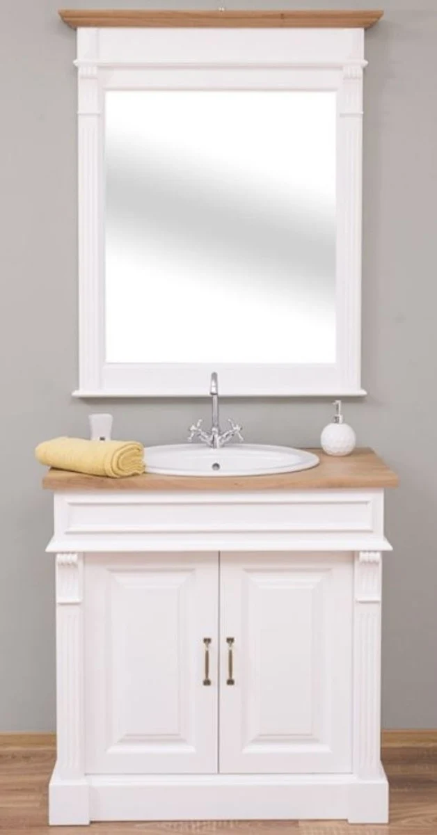 Casa Padrino Landhausstil Badezimmer Set Weiß / Naturfarben - 1 Waschtisch & 1 Wandspiegel - Massivholz Badezimmer Möbel im Landhausstil