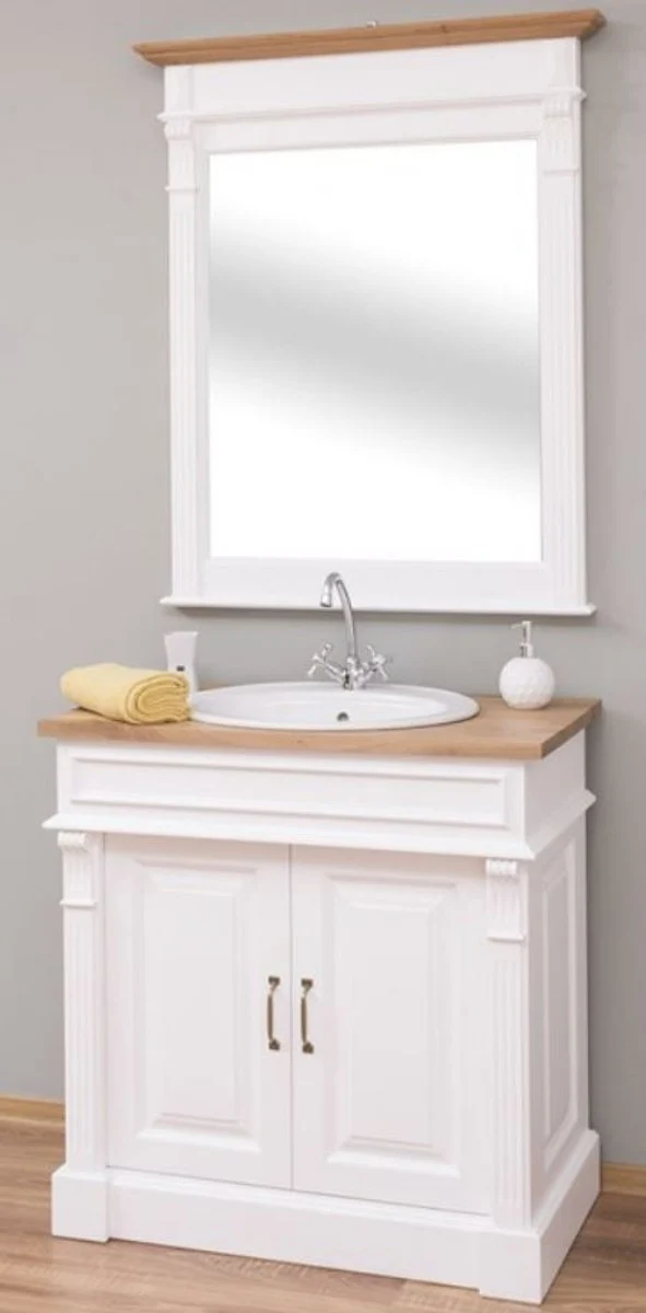Casa Padrino Landhausstil Badezimmer Set Weiß / Naturfarben - 1 Waschtisch & 1 Wandspiegel - Massivholz Badezimmer Möbel im Landhausstil
