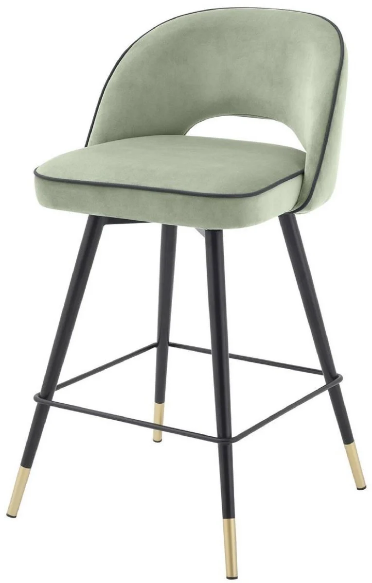 Casa Padrino Luxus Barstuhl Set Pistaziengrün / Schwarz / Messingfarben 51 x 52 x H. 92,5 cm - Barstühle mit drehbarer Sitzfläche und edlem Samtsoff - Luxus Bar Möbel