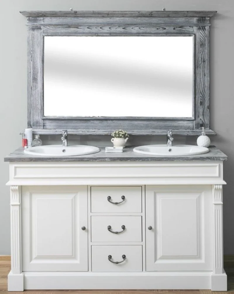 Casa Padrino Landhausstil Badezimmer Set Weiß / Grau - 1 Doppelwaschtisch & 1 Wandspiegel - Massivholz Badezimmermöbel im Landhausstil