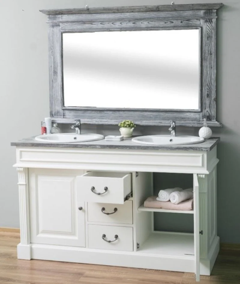 Casa Padrino Landhausstil Badezimmer Set Weiß / Grau - 1 Doppelwaschtisch & 1 Wandspiegel - Massivholz Badezimmermöbel im Landhausstil