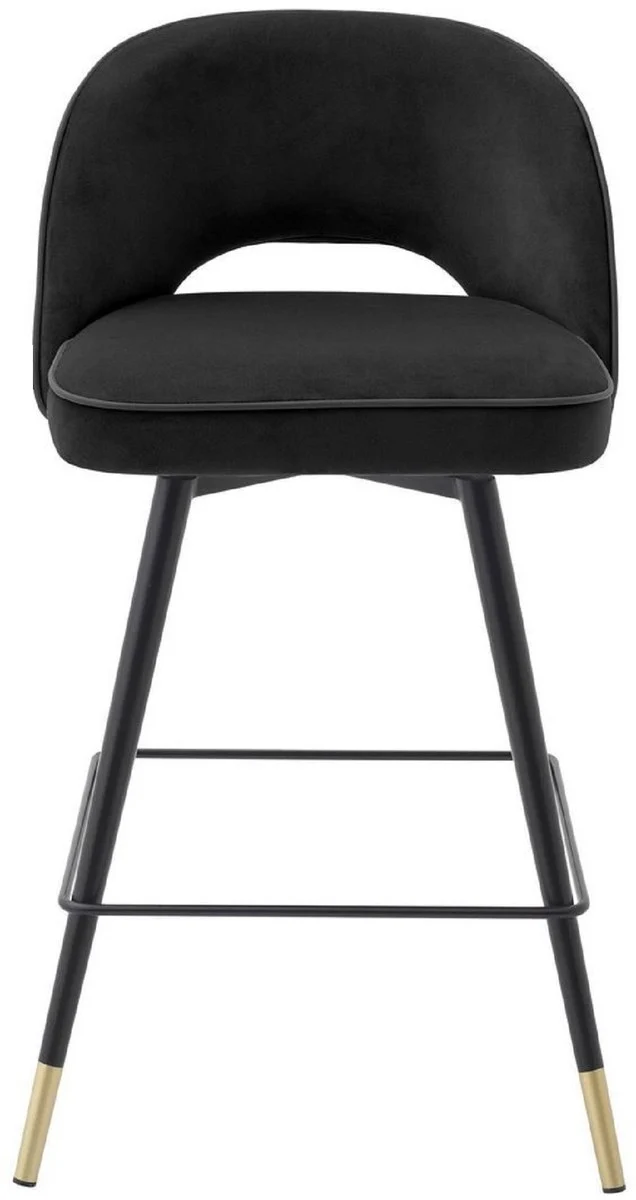 Casa Padrino Luxus Barstuhl Set Schwarz / Messingfarben 51 x 52 x H. 92,5 cm - Barstühle mit drehbarer Sitzfläche und edlem Samtsoff - Luxus Bar Möbel