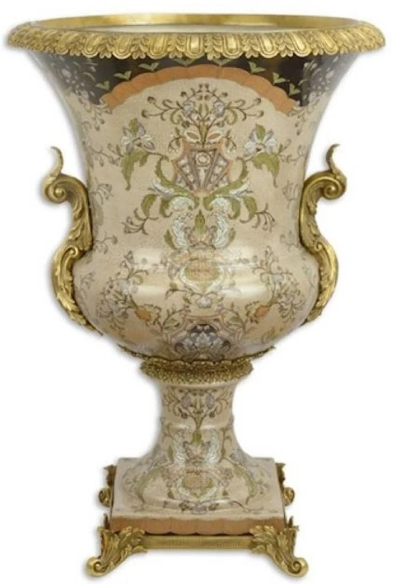 Casa Padrino Barock Deko Porzellan Vase Mehrfarbig / Messingfarben Ø 52 x H. 75,5 cm - Prunkvolle Blumenvase - Deko Accessoires im Barockstil