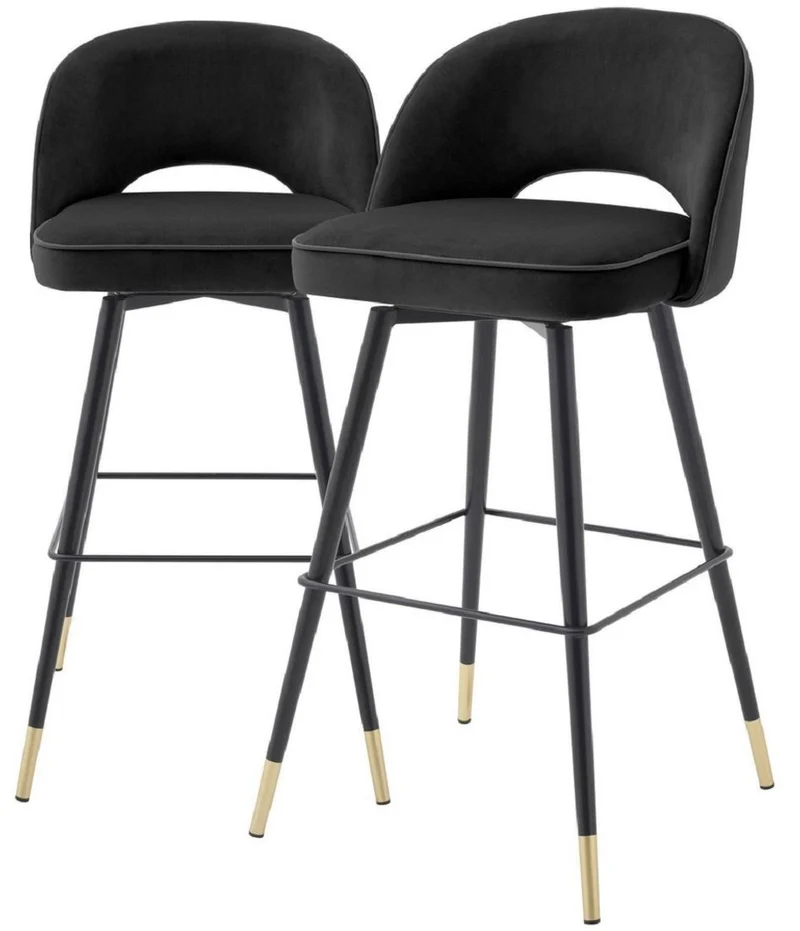 Casa Padrino Luxus Barstuhl Set Schwarz / Messingfarben 51 x 52 x H. 103 cm - Barstühle mit drehbarer Sitzfläche und edlem Samtsoff - Luxus Bar Möbel