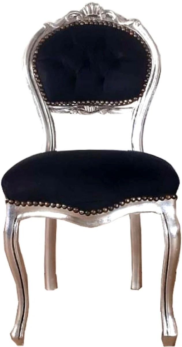 Casa Padrino Barock Damen Stuhl Schwarz / Silber 40 x 44 x H. 83 cm - Handgefertigter Schminktisch Stuhl mit edlem Samtstoff - Möbel im Barockstil