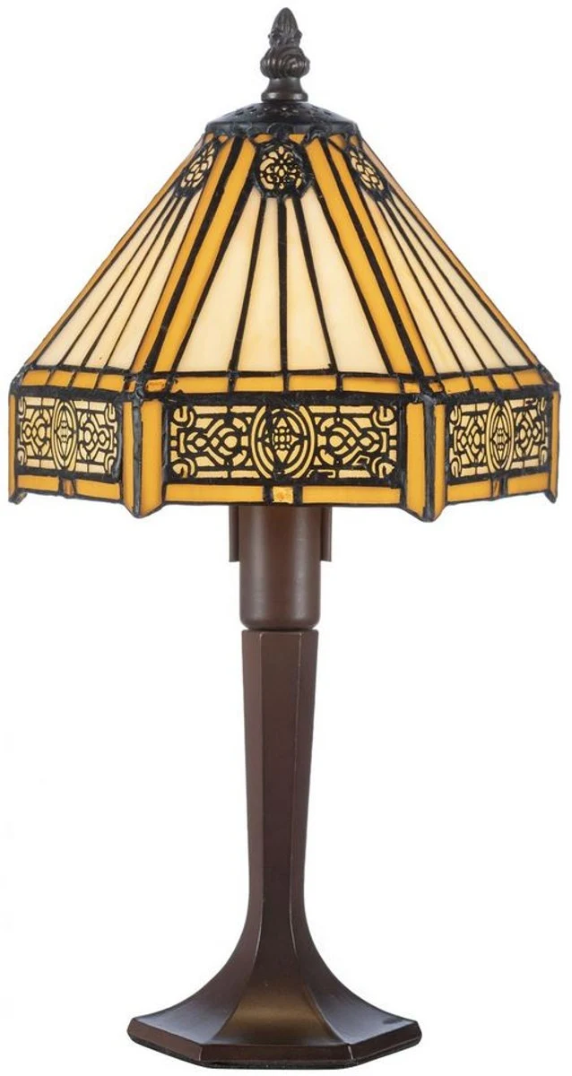 Casa Padrino Luxus Tiffany Tischleuchte Gelb / Schwarz / Braun 20 x 20 x H. 31 cm - Elegante Schreibtischleuchte - Hockerleuchte - Tiffany Leuchte