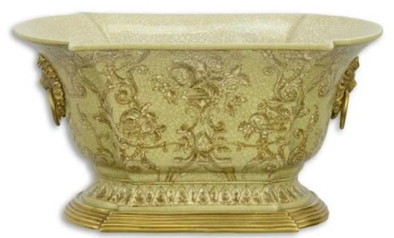 Casa Padrino Jugendstil Blumentopf Grün / Gold 26,9 x 16,7 x H. 14,1 cm - Porzellan Pflanzentopf mit Bronze Löwenkopf Griffen - Deko Accessoires