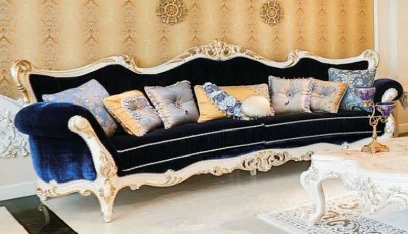 Casa Padrino Luxus Barock Wohnzimmer Sofa Dunkelblau / Weiß / Gold 300 x 98 x H. 120 cm - Prunkvolles Sofa im Barockstil - Edle Barock Wohnzimmer Möbel