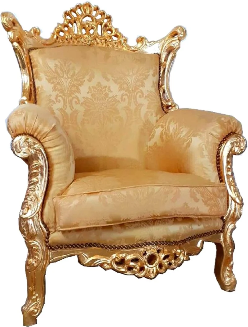 Casa Padrino Barock Sessel Al Capone Gold Muster / Gold 90 x 80 x H. 127 cm - Handgefertigter Antik Stil Wohnzimmer Sessel mit edlem Satinstoff - Barock Möbel