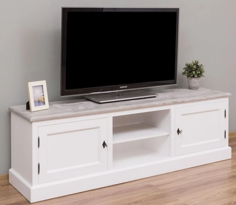Casa Padrino Landhausstil TV Schrank Weiß / Grau 180 x 46 x H. 56 cm - Massivholz Fernsehschrank mit 2 Türen - Landhausstil Wohnzimmer Möbel