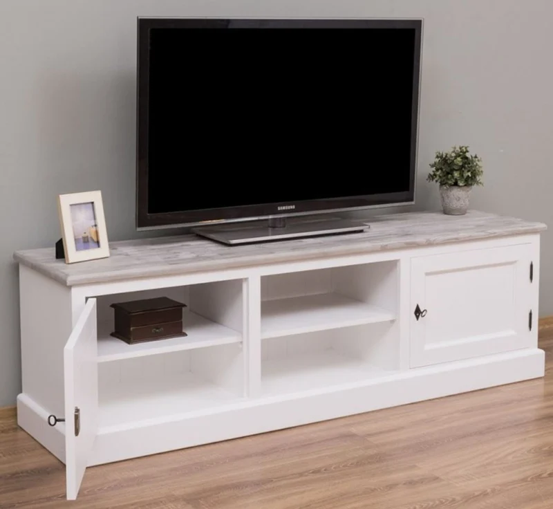 Casa Padrino Landhausstil TV Schrank Weiß / Grau 180 x 46 x H. 56 cm - Massivholz Fernsehschrank mit 2 Türen - Landhausstil Wohnzimmer Möbel