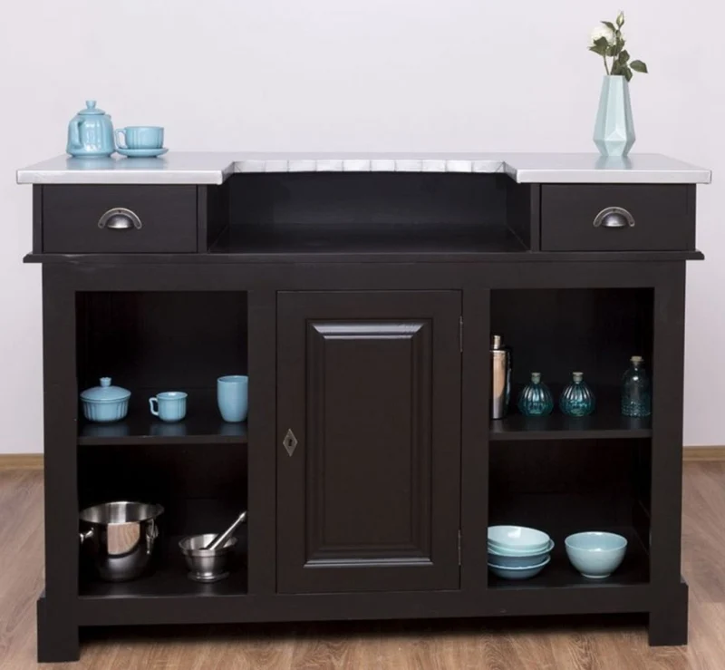 Casa Padrino Landhausstil Theke Schwarz / Silber 160 x 65 x H. 107 cm - Massivholz Thekentisch mit verzinkter Tischplatte - Barmöbel im Landhausstil