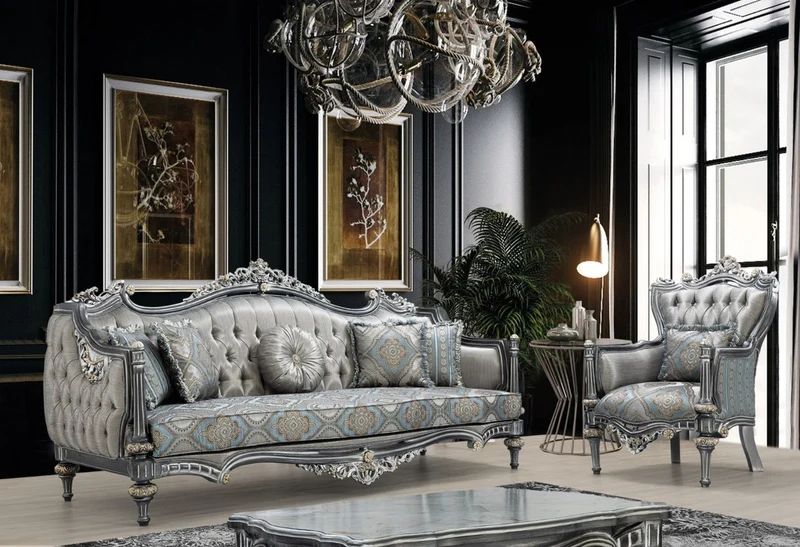Casa Padrino Luxus Barock Sessel Silber / Türkis / Gold 83 x 80 x H. 120 cm - Prunkvoller Massivholz Wohnzimmer Sessel mit elegantem Muster und dekorativem Kissen - Barock Wohnzimmer Möbel