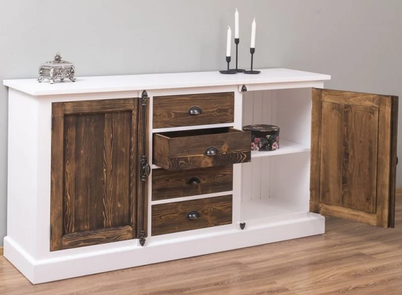 Casa Padrino Landhausstil Sideboard Weiß / Dunkelbraun 180 x 48 x H. 93 cm - Massivholz Schrank mit 2 Türen und 4 Schubladen - Möbel im Landhausstil