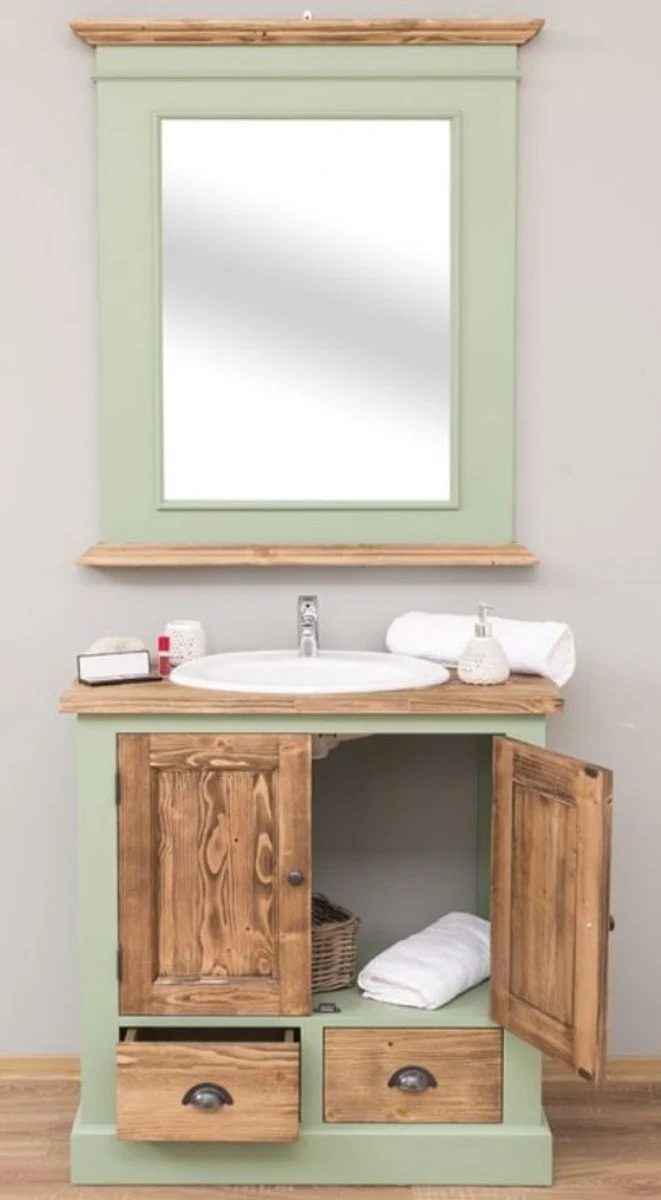 Casa Padrino Landhausstil Badezimmer Set Hellgrün / Braun - 1 Waschtisch & 1 Wandspiegel - Massivholz Badezimmer Möbel im Landhausstil