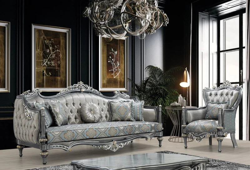 Casa Padrino Luxus Barock Sofa Silber / Türkis / Gold 248 x 96 x H. 118 cm - Prunkvolles Massivholz Wohnzimmer Sofa mit elegantem Muster und dekorativen Kissen - Barock Wohnzimmer Möbel