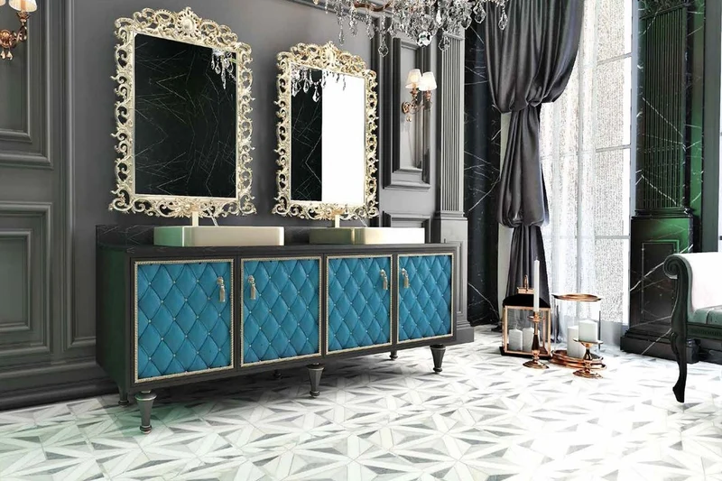 Casa Padrino Luxus Barock Badezimmer Set Schwarz / Blau / Gold - 1 Waschtisch mit 4 Türen und 2 Waschbecken und 2 Wandspiegel - Prunkvolle Badezimmermöbel