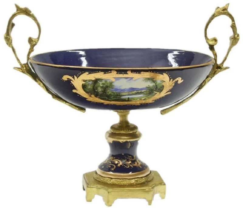 Casa Padrino Barock Keramik Vasen Set mit Schale Dunkelblau / Mehrfarbig / Gold - Prunkvolle Deko Accessoires im Barockstil
