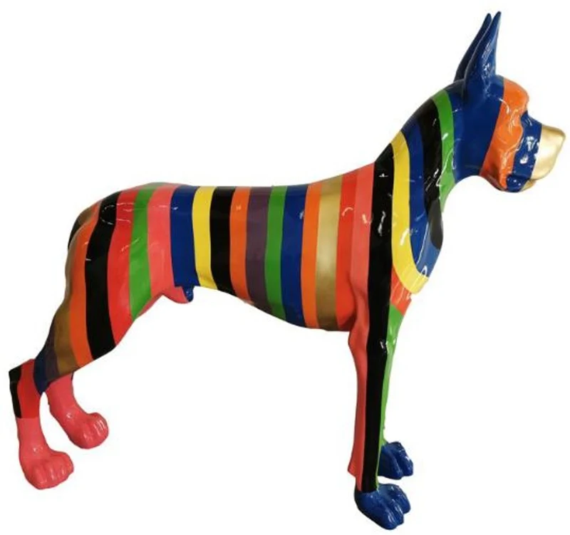 Casa Padrino Designer Dekofigur Hund Deutsche Dogge mit mehrfarbigen Streifen 125 x H. 110 cm - Lebensgroße Deko Skulptur - Wetterbeständige Tierfigur