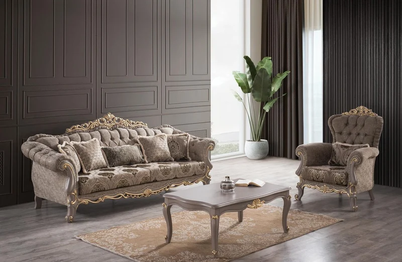 Casa Padrino Luxus Barock Wohnzimmer Set Braun / Grau / Gold - 2 Sofas & 2 Sessel & 1 Couchtisch - Prunkvolle Barock Wohnzimmer Möbel
