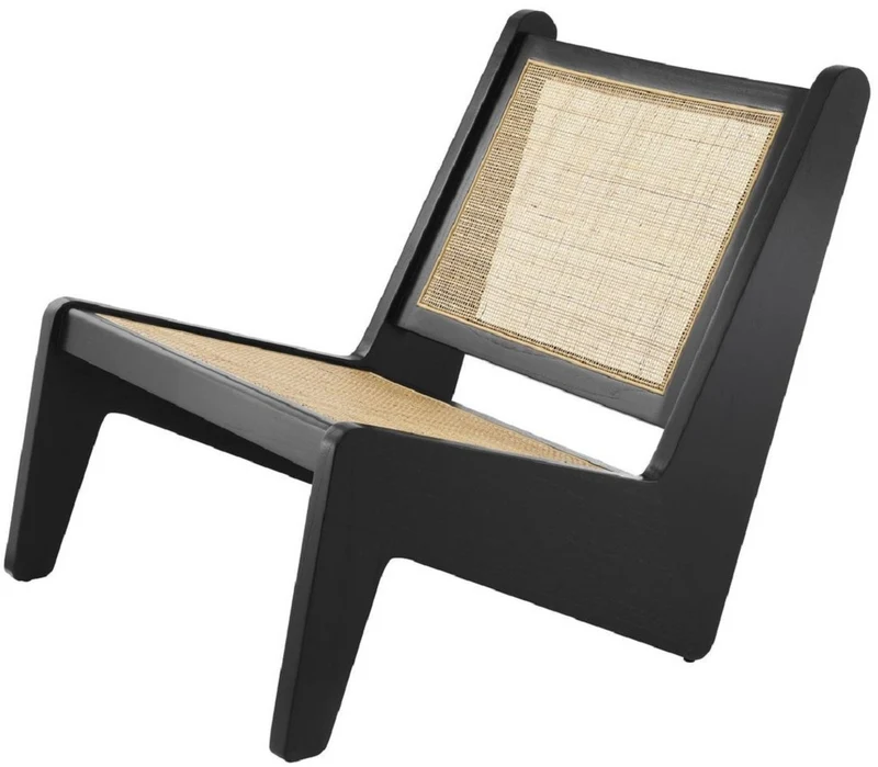 Casa Padrino Designer Wohnzimmer Sessel Schwarz / Naturfarben 75 x 89 x H. 77,5 cm - Massivholz Sessel mit handgewebtem Rattangeflecht - Luxus Möbel