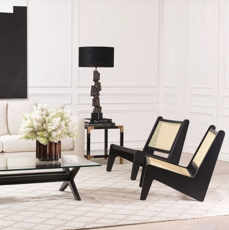 Casa Padrino Designer Wohnzimmer Sessel Schwarz / Naturfarben 75 x 89 x H. 77,5 cm - Massivholz Sessel mit handgewebtem Rattangeflecht - Luxus Möbel