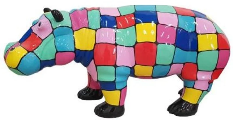 Casa Padrino Designer Dekofigur Nilpferd Mehrfarbig / Schwarz 100 x H. 45 cm - Deko Skulptur - Gartenfigur - Wetterbeständige Gartendekoration