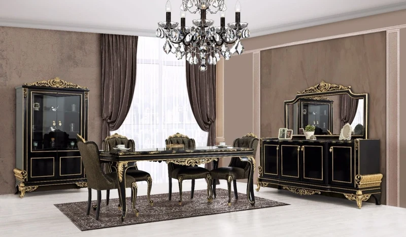 Casa Padrino Luxus Barock Esszimmer Set Schwarz / Gold - 1 Esszimmertisch & 6 Esszimmerstühle - Edle Barock Esszimmer Möbel - Edel & Prunkvoll